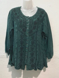 Top donna L Pogee con bottoni manica lunga ricamato blusa boho verde cravatta dietro - Foto 1 di 11