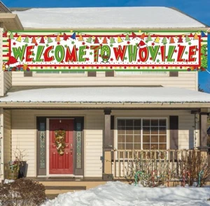Large Christmas Grinch Outdoor Yard Banner Sign Welcome to Whoville Decor 118” - Picture 1 of 5