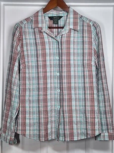 Woolrich Womens M Seersucker Red Green Outdoor Button Up Long Sleeve Nylon Blend - Picture 1 of 5