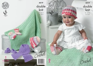 King Cole Crochet Pattern Hat, Scarf, Shoes, Sock & Blanket - DK 4419 - Picture 1 of 2