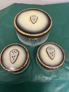 Vintage Antique Art Deco Powder Dresser Jars Vanity Set Of 3 With Metal LIDS - Picture 1 of 4