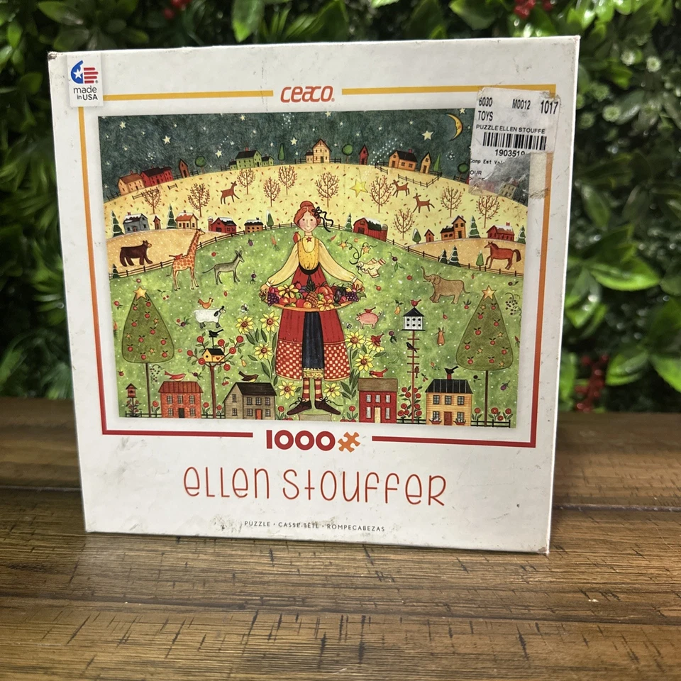 Quebra-cabeça Ellen Stouffer 1000 peças arte popular mulher bandeja casas pássaros animais - Imagem 1 de 4
