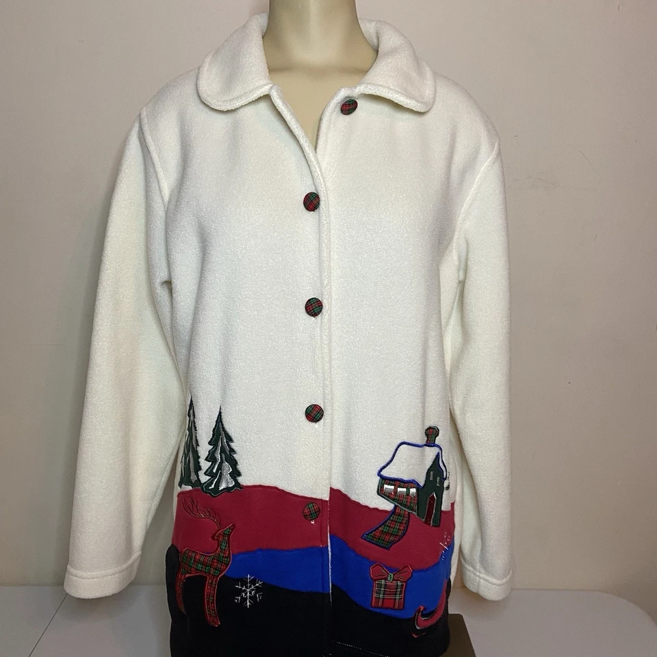 Vintage Studio Works Fleece Sweater Women’s PM Ivory Christmas Winter Embroidery - Image 1 of 4