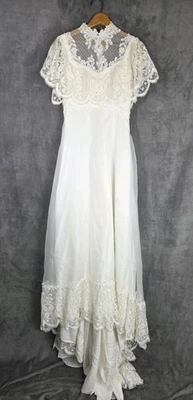 Union Made 1970s Wedding Dress Back Buttons White/Ivory Covered Shoulder  - Image 1 of 4