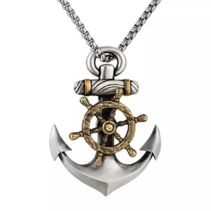 ANCHOR Pendant Necklace/ Silver Gold Anchor Necklace With Ship Steering Wheel - Picture 1 of 1