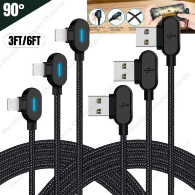 Cabo carregador rápido USB 1/3X 90 graus cabo de dados LED para iPhone 14 12 11 8 7 6 XR - Imagem 1 de 4