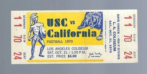 VINTAGE 1970 NCAA CALIFORNIA BEARS @ USC TROJANS FOOTBALL FULL TICKET Cover