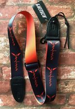 Gretsch Wing Logo Pattern Guitar Strap in Black with Orange Logos, Leather Ends for sale