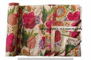 Fruit Print Pure Cotton Beige Kantha Quilt Coverlet Boho Queen Size Bedspread - Picture 1 of 3