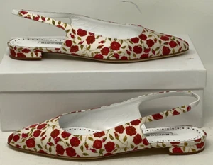 Manolo Blahnik SAWRA Satin Slingback Flats Pumps 39 EU / 9 US Rose Floral Red - Picture 1 of 24