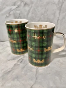 Rare Harrods Knightsbridge England Bone China Green Gold Red Plaid Coffee Tea Mg - Picture 1 of 12