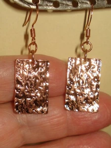 1 3/4" Drop Dangle Hammered Flat Rectangular all Copper Earrings - Picture 1 of 3