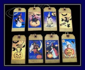 VINTAGE HALLOWEEN DESIGNED HANG TAGS - SET OF EIGHT - PRIMITIVE - Picture 1 of 4