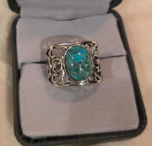 Women 925 Silver Scroll Oval Turquoise Ring, 8 - Picture 1 of 4