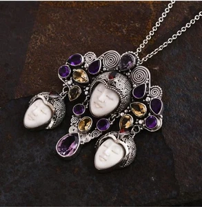 Bali Carved Goddesses Amethyst & Gemstones 18.20ctw "Sajen Style"Sterling Silver - Picture 1 of 6
