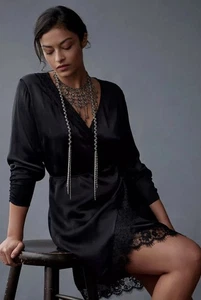 Anthropologie Women’s Small Lace Trimmed Wrap Dress Belted Viscose Satin Black - Picture 1 of 13