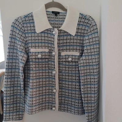 NUEVA Chaqueta Talbots Tweed Perla Cadena Plateada Carrera Preppy Azul Crema Negro XS Foto 1 de 3