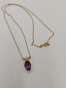 Vintage BA Ballou 14K Marquis Amethyst mit Diamant Halskette Gelbgold Tropfen Anhänger - Bild 1 von 15