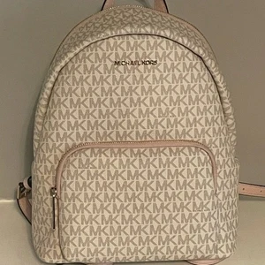 Michael Kors Monograma Cuero Erin Logo Mochila Mediana Blanco/Gris Con Ribete Rosa - Imagen 1 de 7