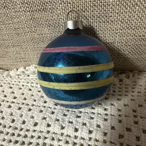 Shiny Brite Weihnachtsschmuck rosa gelb weiß Streifen auf blau Vintage USA von A - Bild 1 von 23