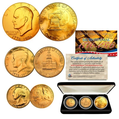 1976 Bicentennial 24K GOLD Coins JFK Half / IKE Dollar / Quarter 3-Coin Set BOX - Image 1 of 3