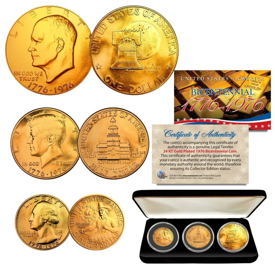 1976 Bicentennial 24K GOLD Coins JFK Half / IKE Dollar / Quarter 3-Coin Set BOX - Image 1 of 3