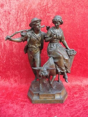  große, alte Metallfigur ,bäuerliches Paar mit Esel, Jugendstil, signiert ,50cm - Bild 1 von 4
