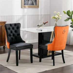 Set of 2 Tufted Solid Wood Contemporary PU & Velvet Upholstered Dining Chair - Picture 1 of 15