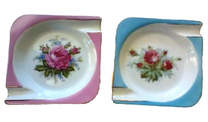 VINTAGE ASHTRAY SET OF 2 PORCELAIN  TRINKET DISH PINK BLUE ROSES MID CENTURY  - Picture 1 of 9