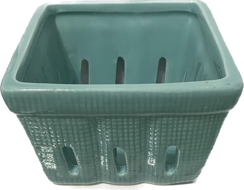 Ceramic Teal Blue Berry Basket With Fine Crosshatching Pattern Cover