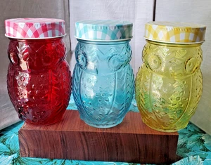 Style Setter Owl Storage Jars With Gingham Lids Red Blue Yellow 5.5"h 14oz - Picture 1 of 8