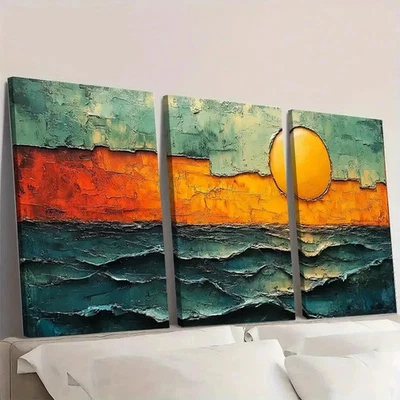 3pcs Abstract Sunset Canvas Vibrant Green Wall Art Canvas Framed 50x70cm - Image 1 of 2