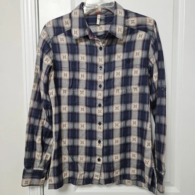 Mountain Khakis Button Up Shirt Women’s Small Plaid Blue Tan Pockets Soft Cotton - Image 1 of 4