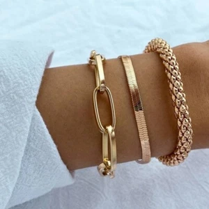 Womens 3pcs Set Thick Chain Link Classic Gold Metal Decor Bracelet Bangle Cuff - Picture 1 of 6