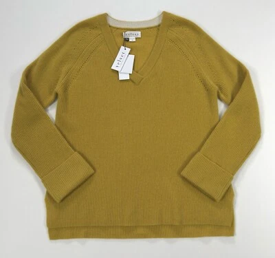 $359 NWT Velvet Graham Spencer 100% Cashmere Mustard Daniella Ribbed Vneck Small - Image 1 of 4