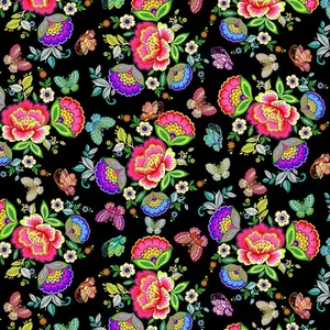 Fabric Flowers Butterfly Neon Dazzling Black BERNARTEX Cotton 1/4 9820 - Picture 1 of 7