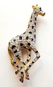 Vintage Large Pave Crystal Black & White Running Giraffe Green Eyes Pin/Brooch - Picture 1 of 13