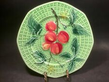 Green Majolica Apples or Pomegranates and Flowers on Basketweave  Plate