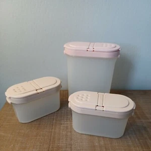 Tupperware Spice Shakers Lids Containers Set of 3 2 Beige Short 1 Pink Tall - Picture 1 of 4
