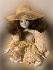 Vintage Doll Porcelainn Bisque Face Movable Feeet Arms Linen Dress Hat 12"