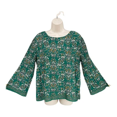 Max Studio Boho Karriere Bluse Damen Gr. M grün Blumen Plissee Glockenärmel Oberteil - Bild 1 von 4