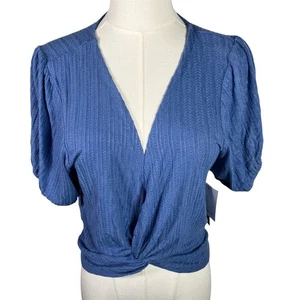 O'Neill Hilda Blue Puff Sleeve Textured Wrap Front Crop Top Size Large New - Picture 1 of 16