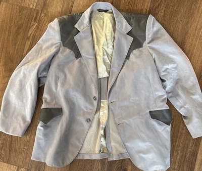 Trego's Westwear 复古 Rockabilly Blazer 尺码 44 开衫灰色皮革装饰美国 — 第 1/4 张图片
