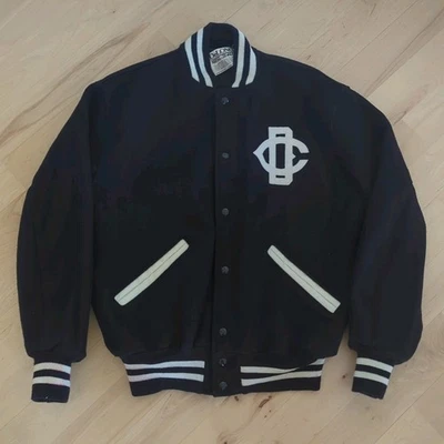 Vintage DeLong Men's Varsity Letter Jacket Bomber Large Wool Navy Blue Made USA - Image 1 of 4