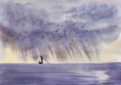 Obra de Arte Original Pintura Paisaje PESCADOR SOLITARIO Arte Moderno Paisaje Marino Regalo A4 Foto 1 de 4