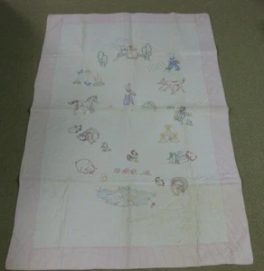 Hand Sewn Embroidered & Quilted Antique Vintage Nursery Rhymes Quilt Pink - Picture 1 of 8