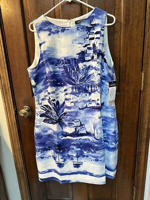 Lauren Ralph Lauren Women’s Sz 18 Blue & White Seascape Sheath Dress Sleeveless, - Image 1 of 4