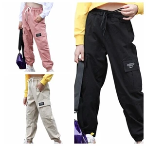 Mädchen Cargohose Elstischer Bund Freizeithose Sport Hosen mit Kordelzug Taschen - Picture 1 of 27