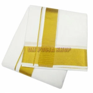 Indian Cotton Dhoti with Angavastram (Shawl) for Men Puja Dhoti Om Pooja Shop - Picture 1 of 2