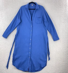 Magaschoni Blue Gauzy Button-Up Dress Womens Long Sleeve Tie-Waist Size Large - Picture 1 of 15
